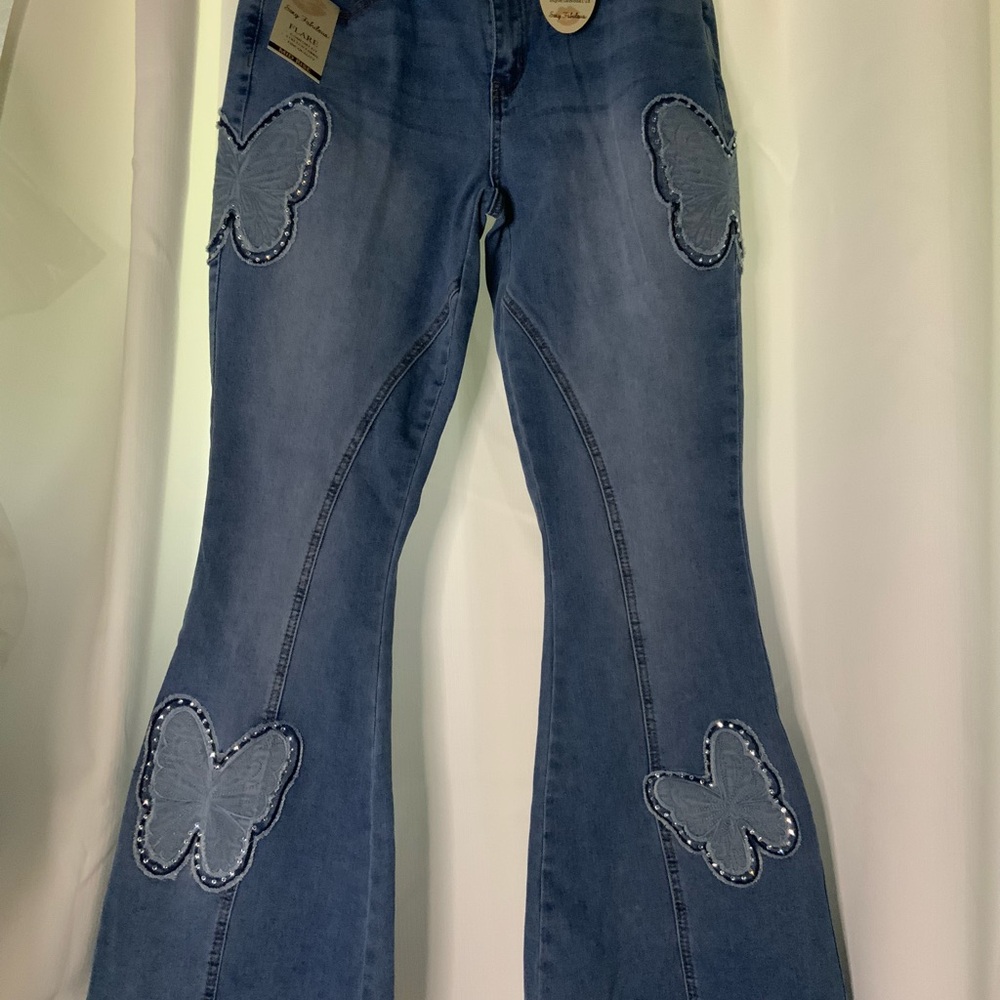 NWT Embroidered Butterfly Flare Jeans - Blue Denim